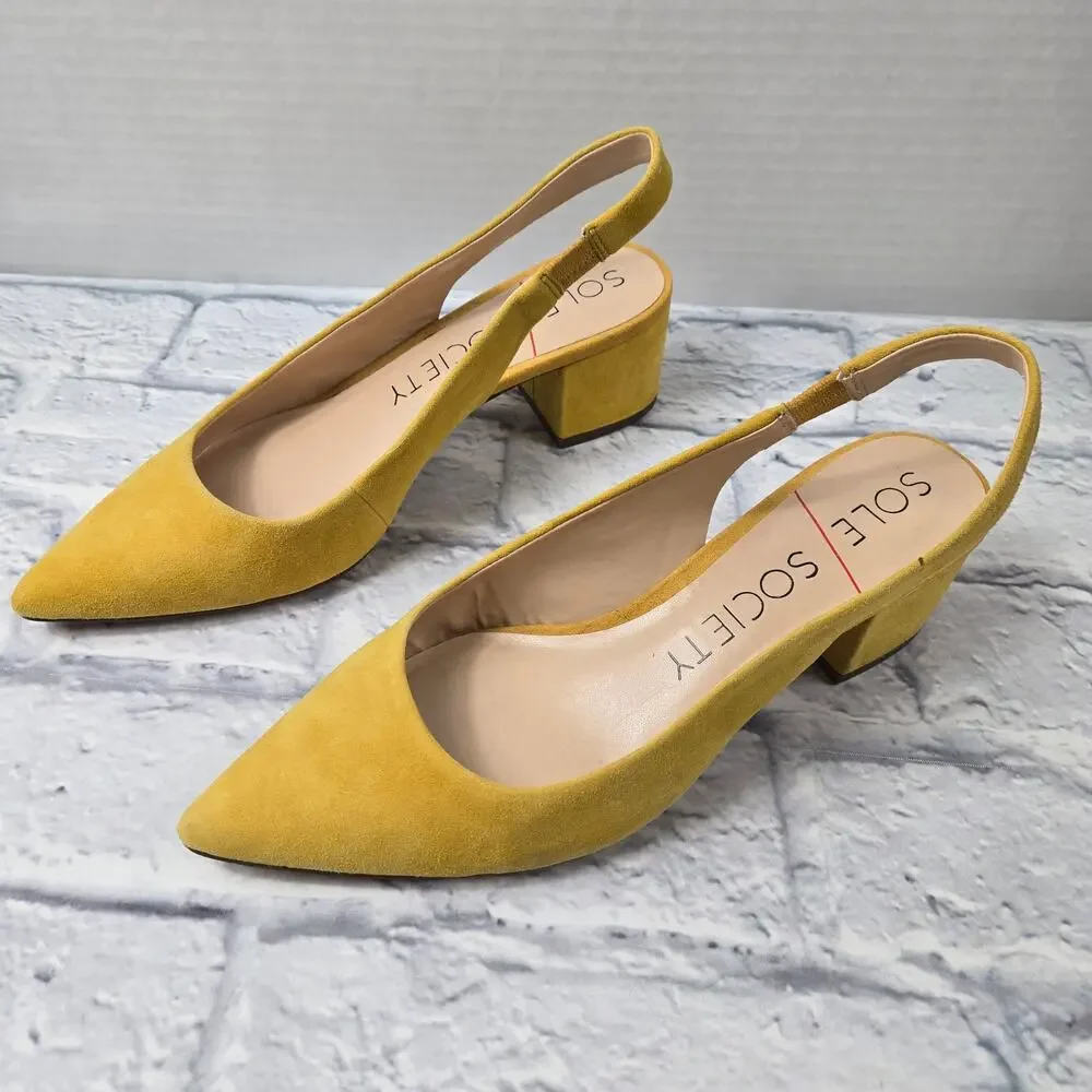 Sole Society Slingback Keilinah Pumps Mustard Suede Covered Heel size 8.5M - Picture 2 of 14